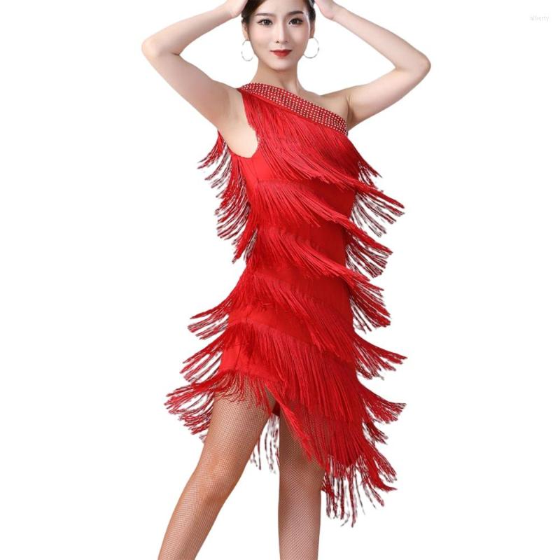

Stage Wear Women Elegant One Shoulder Latin Dance Dress Adult Sexy Sequins Tassel Rumba Cha Ballroom Dancewear, Bl