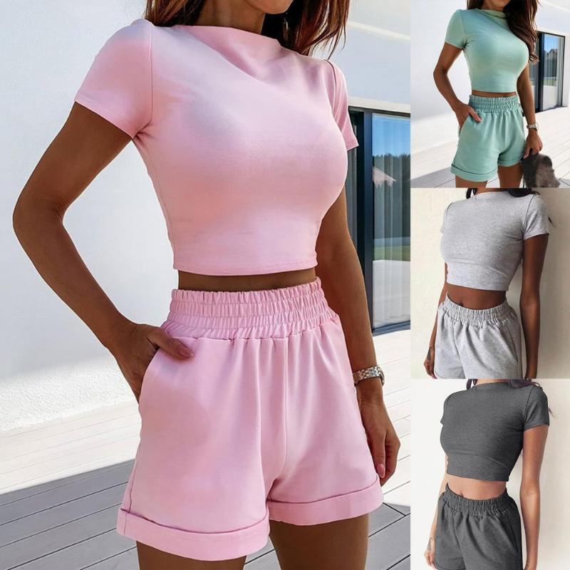 

Running Sets Stylish Women Outfit Two Piece Set Top Shorts Suit Soft Lady Pockets Round Neck Streetwear, Light grey