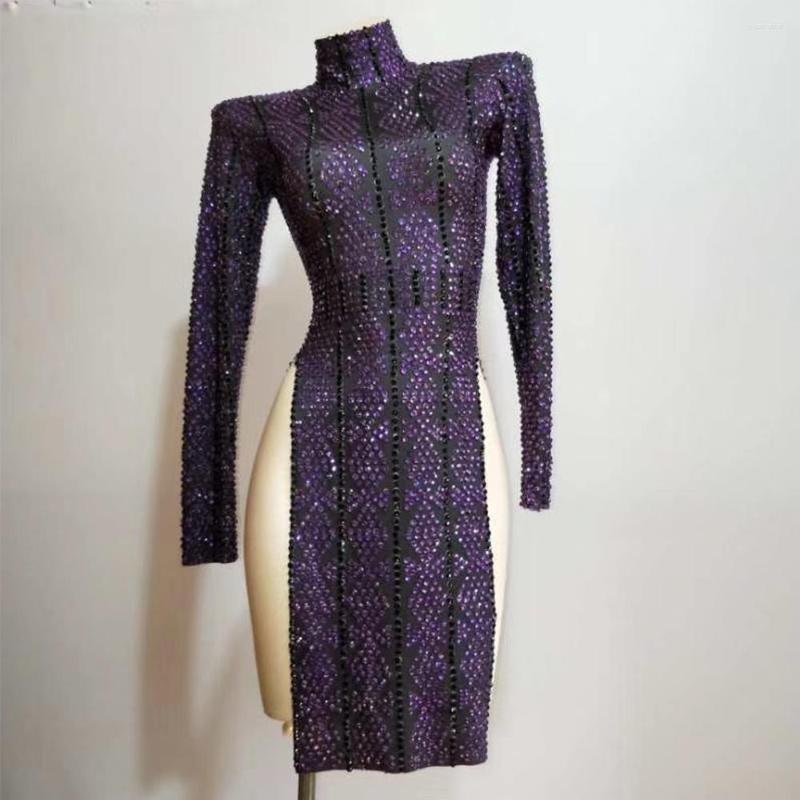 

Stage Wear Shining Diamonds Long Sleeve Dress Purple Women Slit Cheongsam Bling Show Nightclub Dance Birthday Prom Costumes