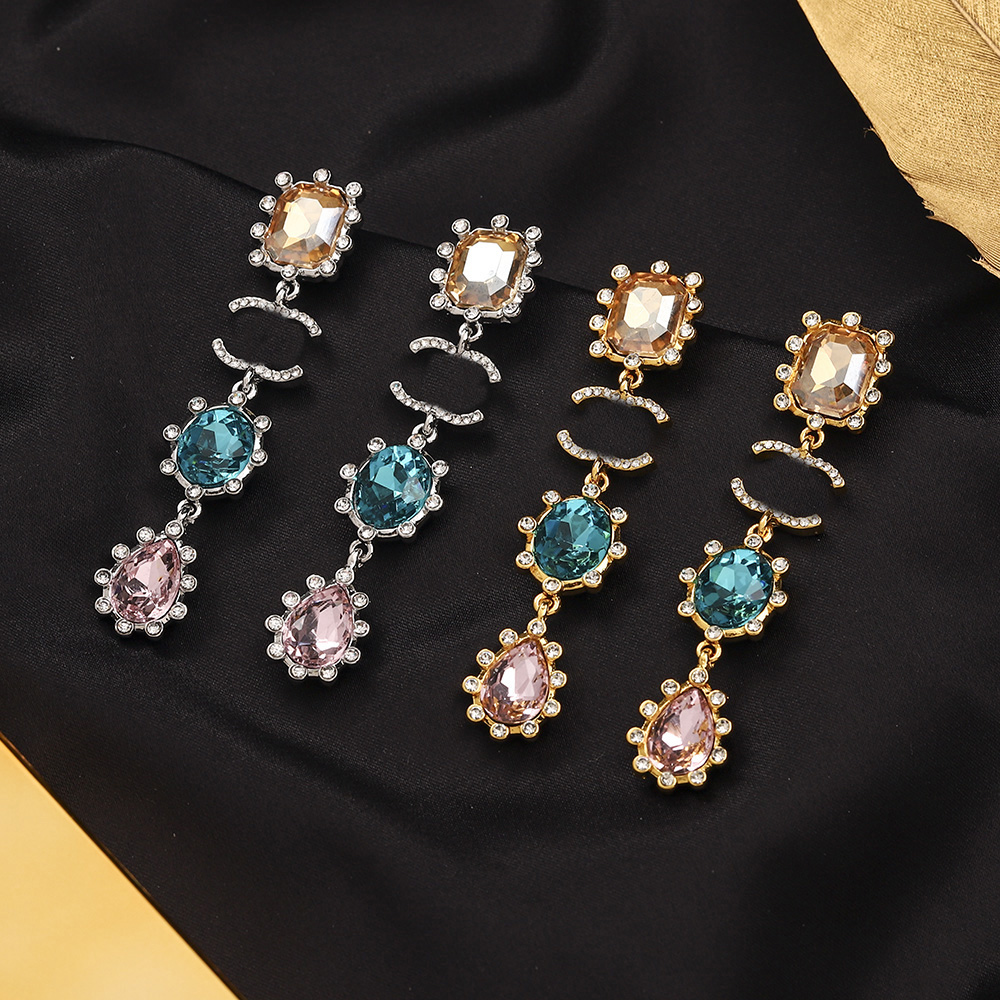 

18K Gold Plated Luxury Brand Designers Letters Stud Clip Chain Geometric Famous Women 925 Silver Crystal Rhinestone Earring Long Eardrop Wedding Party Jewerlry