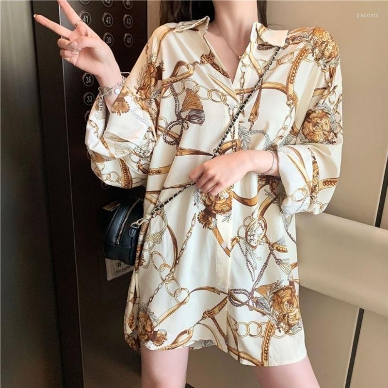 

Women's Blouses Spring Autumn Loose Print Mid-length Long Sleeve Button Plus Size Shirts Trend Fashion Street Casual Women Clothing, Apricot