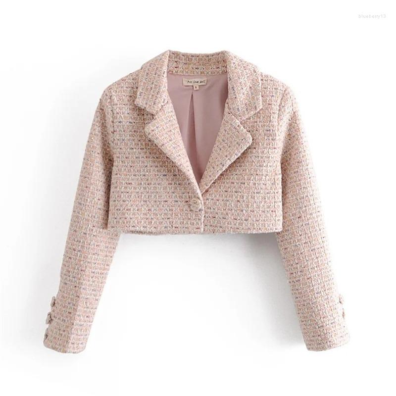 

Women' Suits Pink Tweed Short Blazer 2023 Women Sweet Single Button Solid Colors Casual Office With Summer Work Commute Wear, Pink blazer