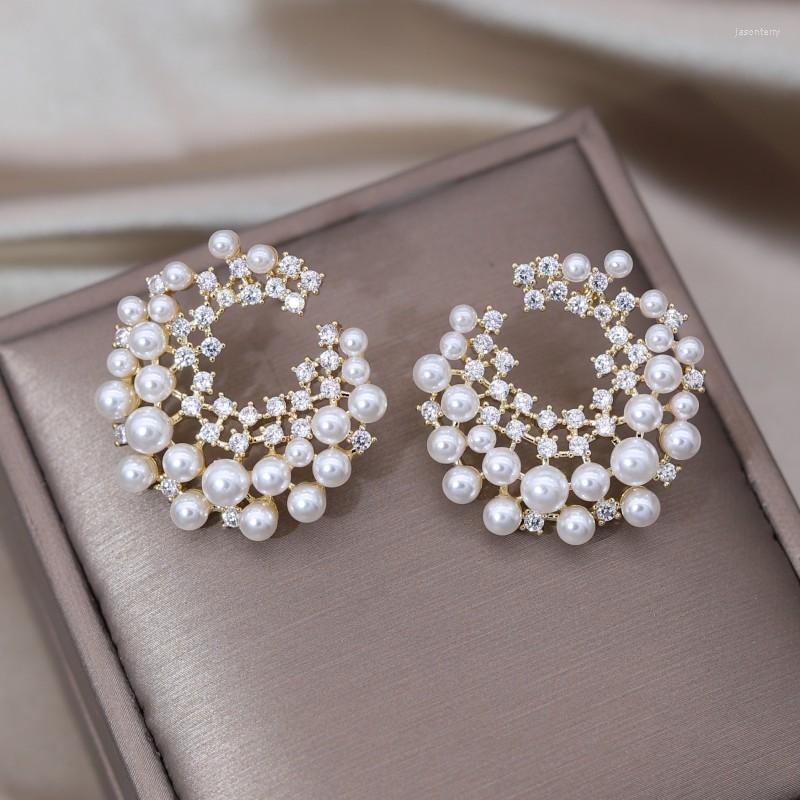 

Stud Earrings 14K Gold Plated Korean Fashion Jewelry Exaggerated Geometric Zircon Pearl Luxury Women's Wedding Party Accessories