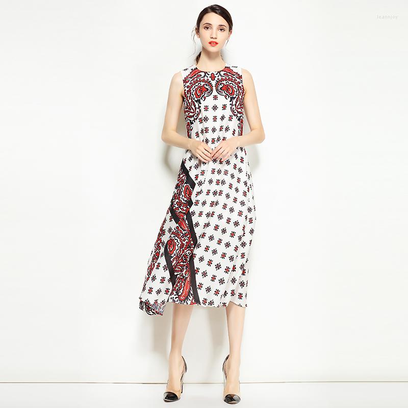 

Casual Dresses Europe Fashion 2023 Summer Arrival A-Line O-Neck Sleeveless Pattern Print Quality Mid-Calf Dress Women, White