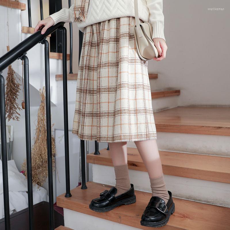 

Skirts 2023 Women Fall Winter Vintage Plaid Midi Wool Female High Waist Girl Cute Pleated Preppy Style Lolita Skirt, Apricot