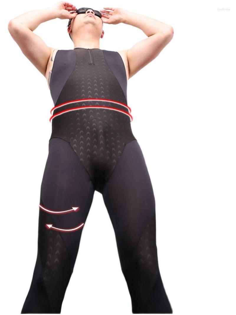 

Men's Swimwear Men Fish Scale Pattern Sleeveless One-Piece Swimsuit Patchwork Camisole Ice Silk Breathable Bodysuit Seaside Surfing, Black