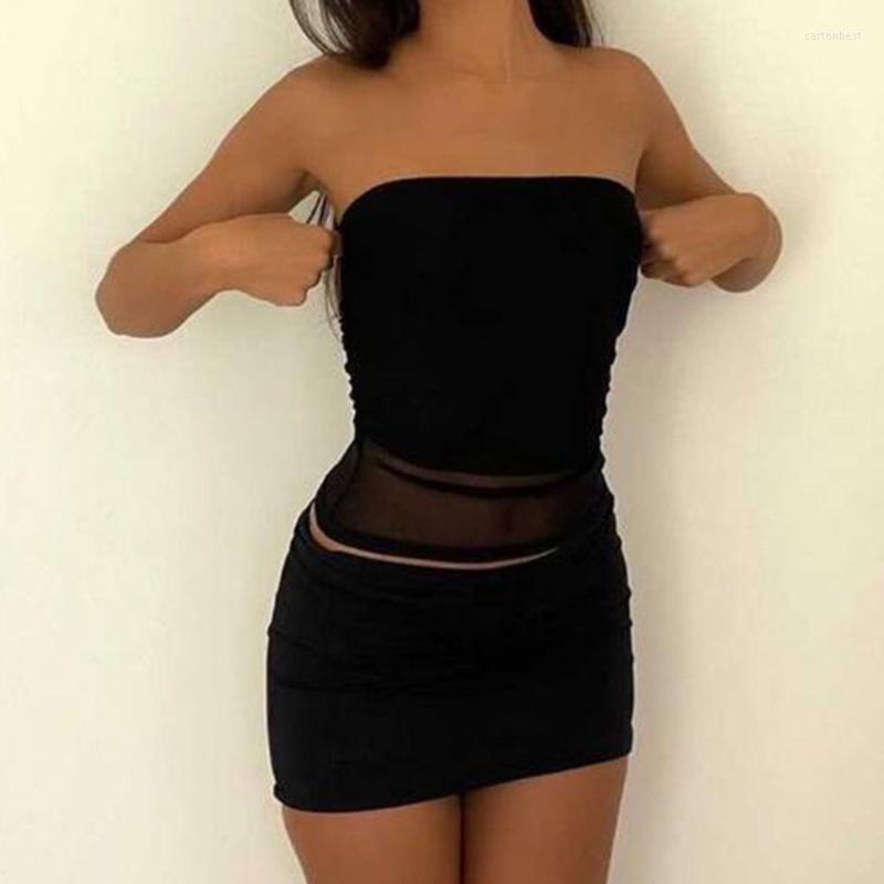 

Work Dresses Sexy Women Clothing 2 Pieces Set Summer Dress Bodycon Black Mesh Patchwork Tube Top And Mini Skirts