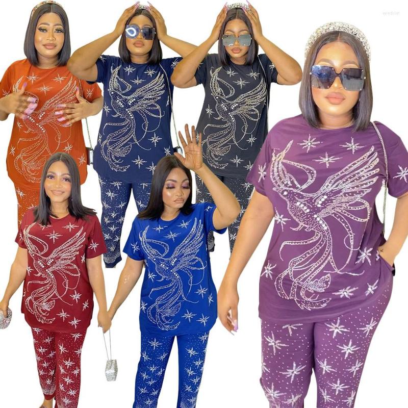 

Ethnic Clothing Summer Autumn Drilling Fashion Short Sleeve Top And Pants Suit Party Matching Sets African Clothes Women 2 Piece Set