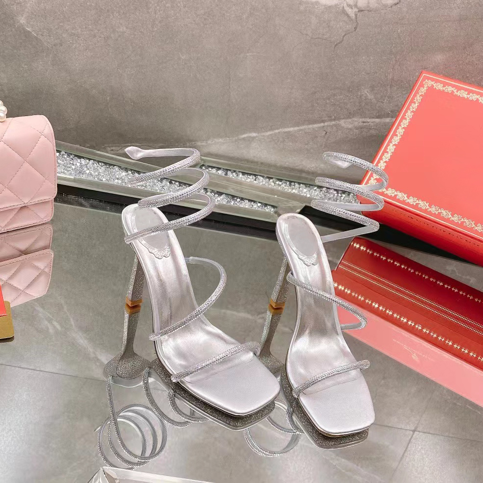 

Rene Caovilla New Sandals Designer Shoes Fashion 10CM High Heel Women Wedding Shoe Rhinestone Decoration Snake Wrap Dress Shoes Our Sizes 35-43, Silver