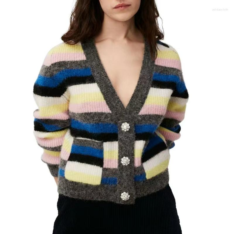 

Women' Knits 2023 Spring Color Striped V-neck Diamond Button Long-sleeved Ladies Knitted Cardigan, Stripe