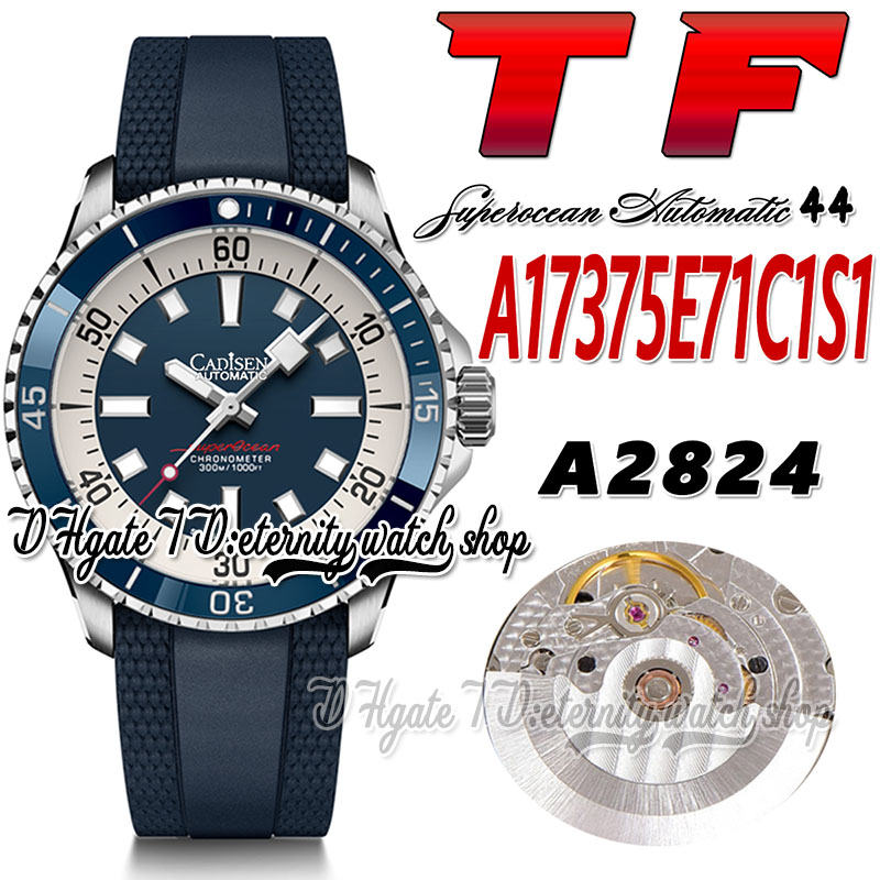 

TF Superocean 44 ETA A2824 Automatic Mens Watch A17375E71C1S1 Ceramic Bezel Blue White Dial Stick Markers Steel Case Rubber Strap Super Edition eternity Watches, Watch waterproof production cost
