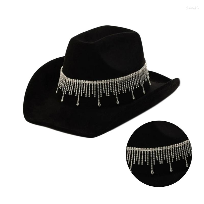 

Berets Cowgirl Hat Shining Tassel Elegant Tassels Crystal Jazz Po Props, Black