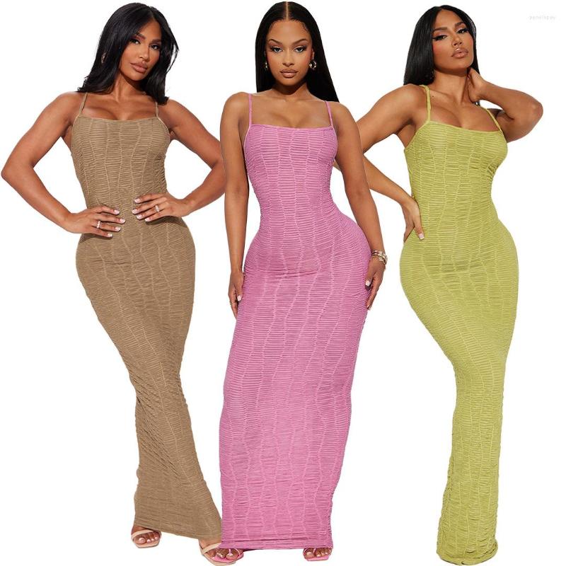 

Casual Dresses Echoine Strap Sling Long Dress Sexy Skinny Pleated Fold Summer Holidays Elegant Slim Vintage Vestidos Robe Beach, Gold