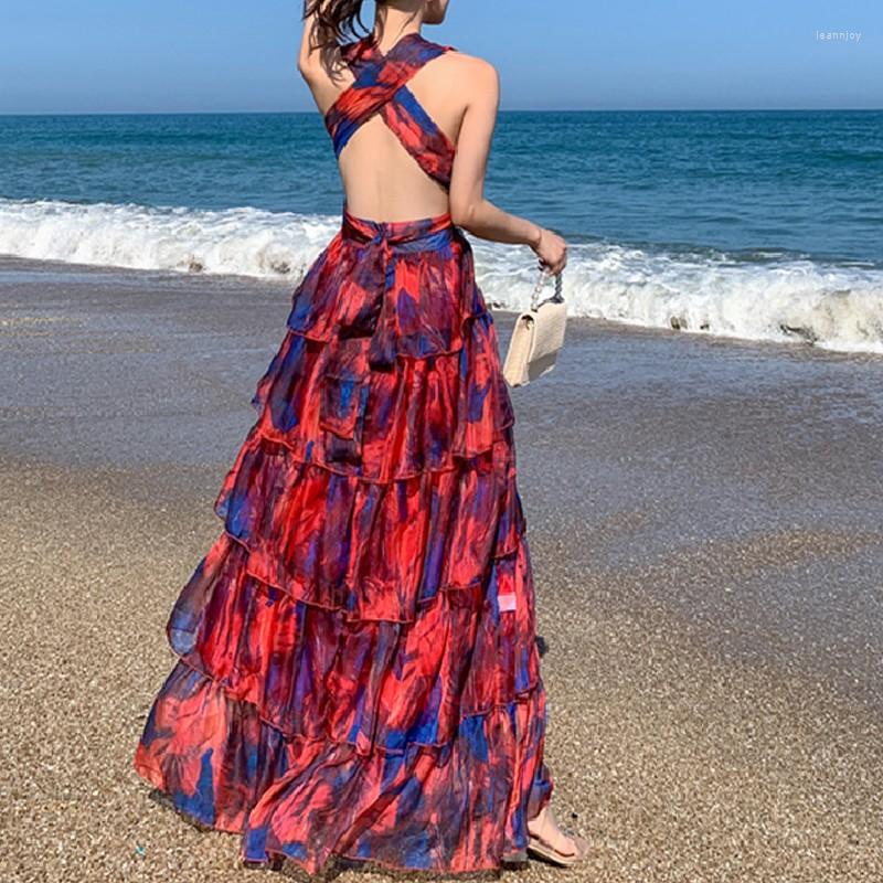 

Casual Dresses Holiday Beach Print Long Dress Women Sexy V-neck Sleeveless Robe Cascading Ruffle Back Hollow Out High Waist Bohemian Maxi, Mixed color