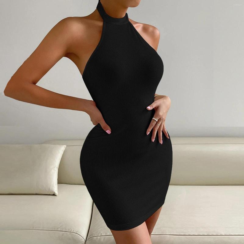 

Casual Dresses Sexy Women's Halter Neck Mini Dress Sleeveless Slim-Fit Bodycon Solid Color Evening Party Ladies Sundress Vestidos, Black