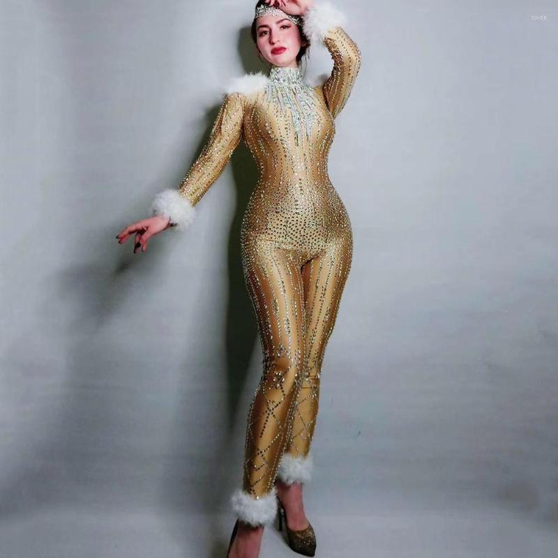

Stage Wear Gold Long Sleeve Shining Sparkly Crystal Rhinestones Feathers Sexy Jumpsuits For Women Carnival Party Clothing Drag Queen Wears