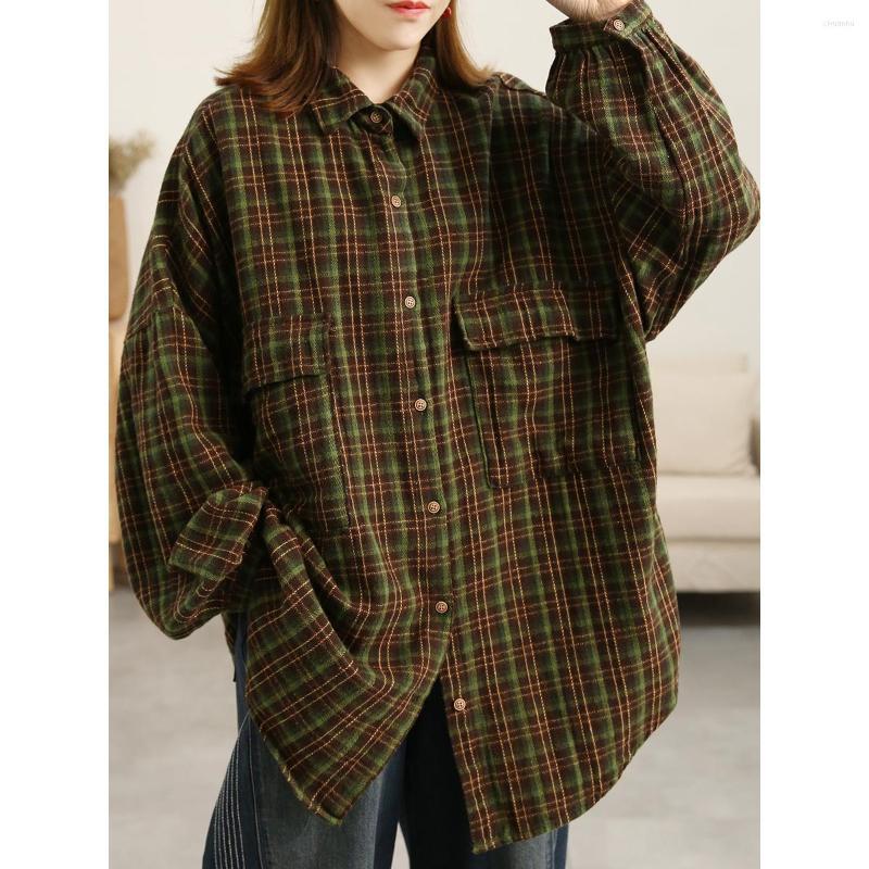 

Women's Blouses SuperAen Retro Plaid Long Shirt Women Spring Summer 2023 Oversize Loose Single-breasted Jacket, Yellow