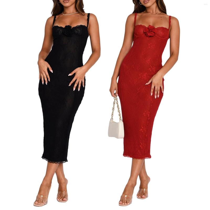 

Casual Dresses Women Elegant Long Dress Spaghetti Straps Flower Slim Fit Slit Bodycon DressParty Cocktail Sexy Split Lace Sling, Black