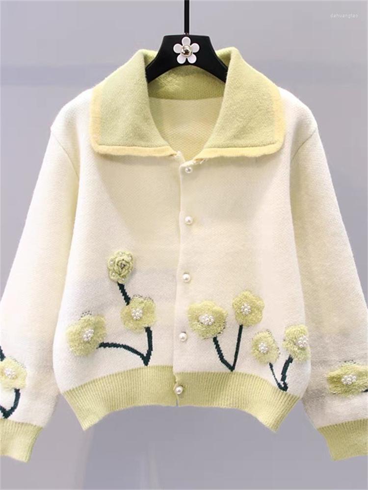 

Women's Knits Hsa 2023 Women Winter Knitted Sweater Cardigans Turn Down Collar Floral Emboridery Casual Y2K Korean Fashion Pearl Beading, Hf22033 green