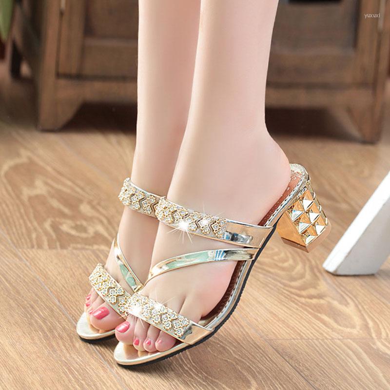 

Slippers 2023 Summer Women Shoes Squre Heel Sandals Peep Toe Ladies Brand High Gold Heels 7cm Big Size ZH2971, Black