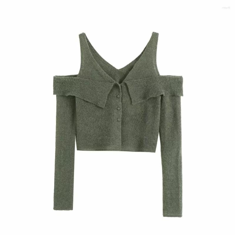 

Women' Sweaters COS LRIS 2023 Spring Style Niche Design Fake Two-piece Short Off-shoulder V-neck Girl Navel Knitted Top Female 0014132 5, Army green