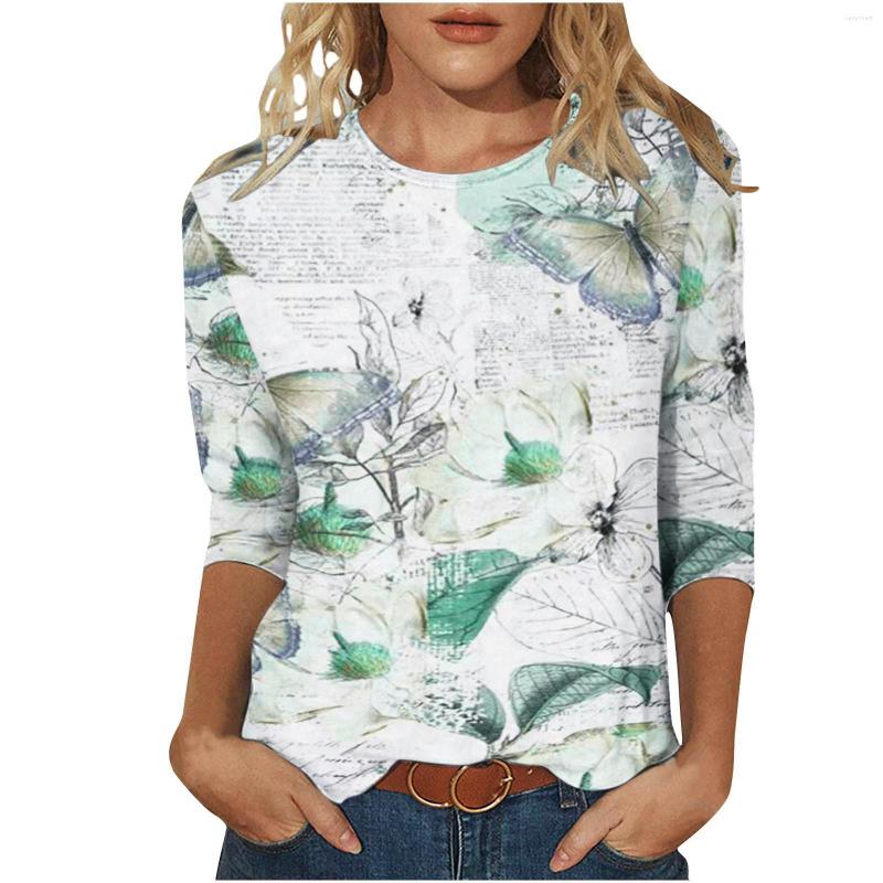 

Women' Blouses Womens Tops O Neck Print Shirt Tunic 3/4 Sleeve For Women, Blue