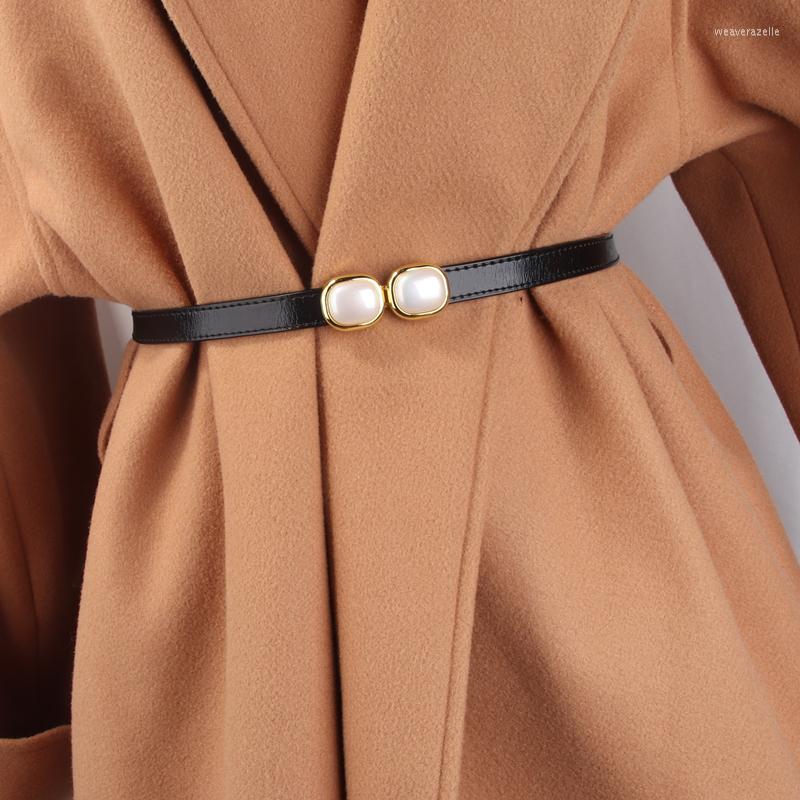 

Belts Adjustable Faux Leather Woman Dress Skinny Thin Ladies Coat Waist Belt Strap Pearl Design Buckle Female Narrow Waistband, White