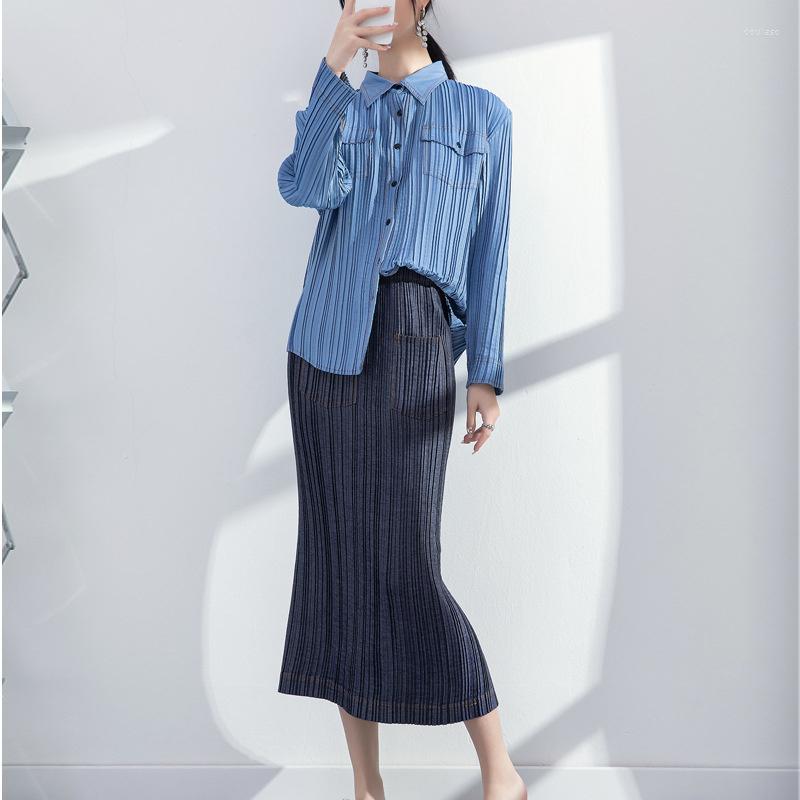 

Skirts Fashion Women Pleated T Shirt Lapel Long Sleeve Pullover Top And High Waist Skirt Solid Color Slim Hip Package