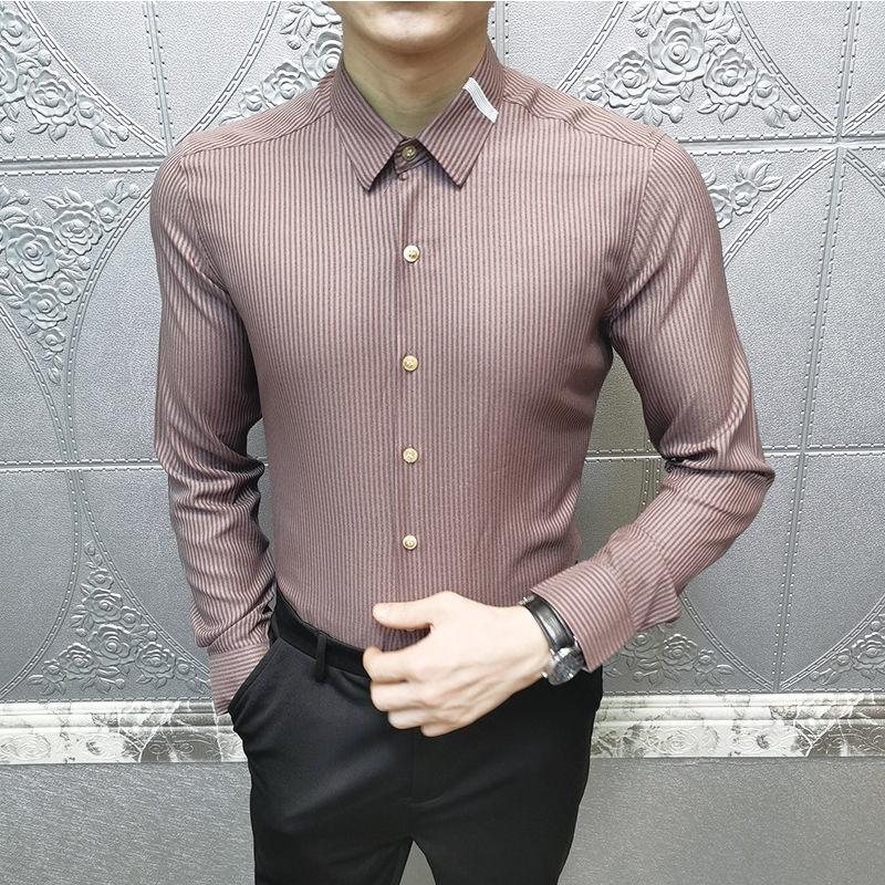 

Men' Casual Shirts Autumn Spring Korean Fashion Button Down Blouse Men Design Brand Slim Fit Man Tops Long Sleeve Striped W499, Anhongse
