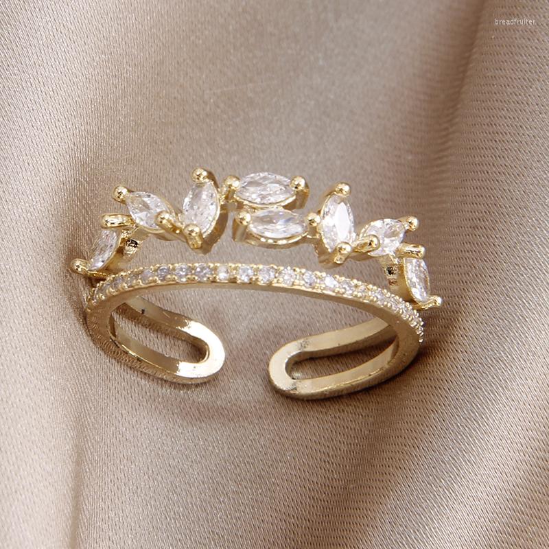 

Cluster Rings 2023 Delicate 14K Gold Color Crystal Leaves Adjustable For Women Jewelry Double Layer Cubic Zircon Wedding