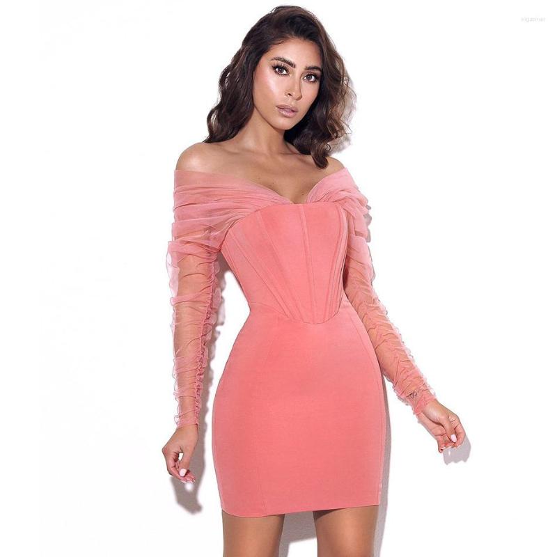 

Casual Dresses 2023 Sexy Out Off Shoulder Mesh Patchwork Bandage Evening Dress Graceful Woman Wedding Party Vestido Cocktail Outfit, Pink