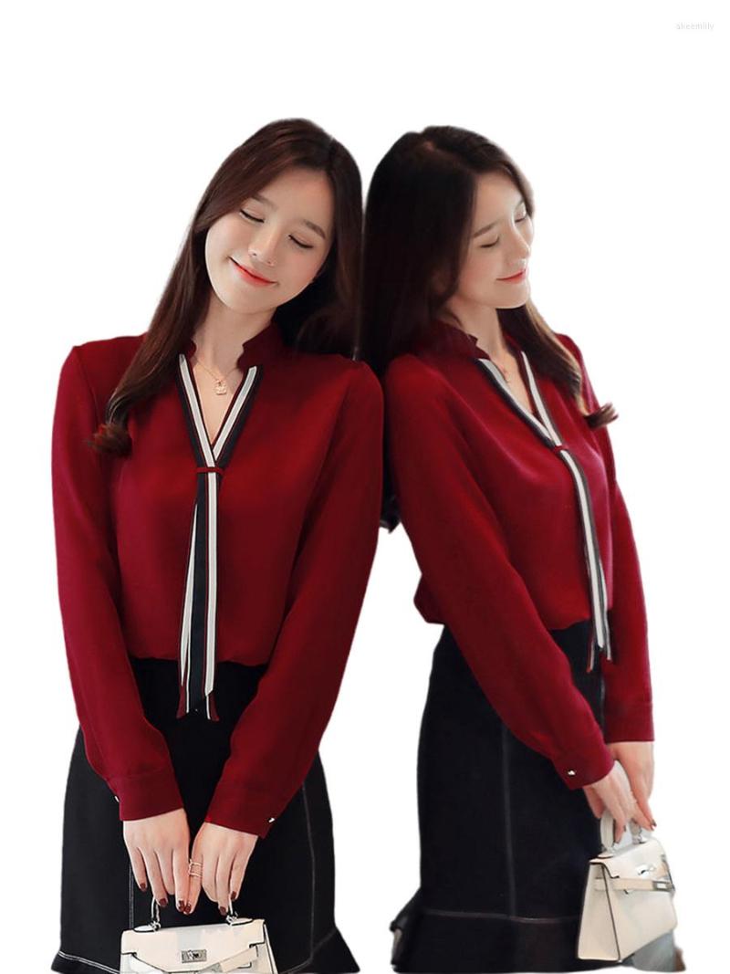 

Women' Blouses Spring Autumn Shirts Lady Fashion Casual Long Sleeve V-Neck Collar Solid Color Elegant Blusas Tops G2450, White