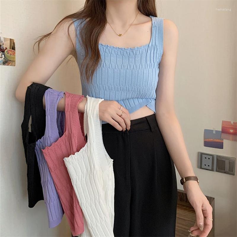 

Women's Tanks Square Neck Knitting Small Suspender Tank Top For Women In 2023 Summer Fashion Style Beautiful Back Wearing Girl, Black