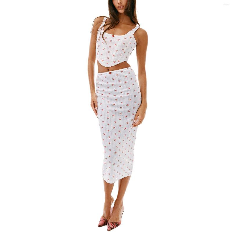 

Work Dresses Women Summer 2 Pieces Outfits Floral Print/Solid Color Sleeveless Camisoles Tank Tops And Low-Waist Midi Skirts Set