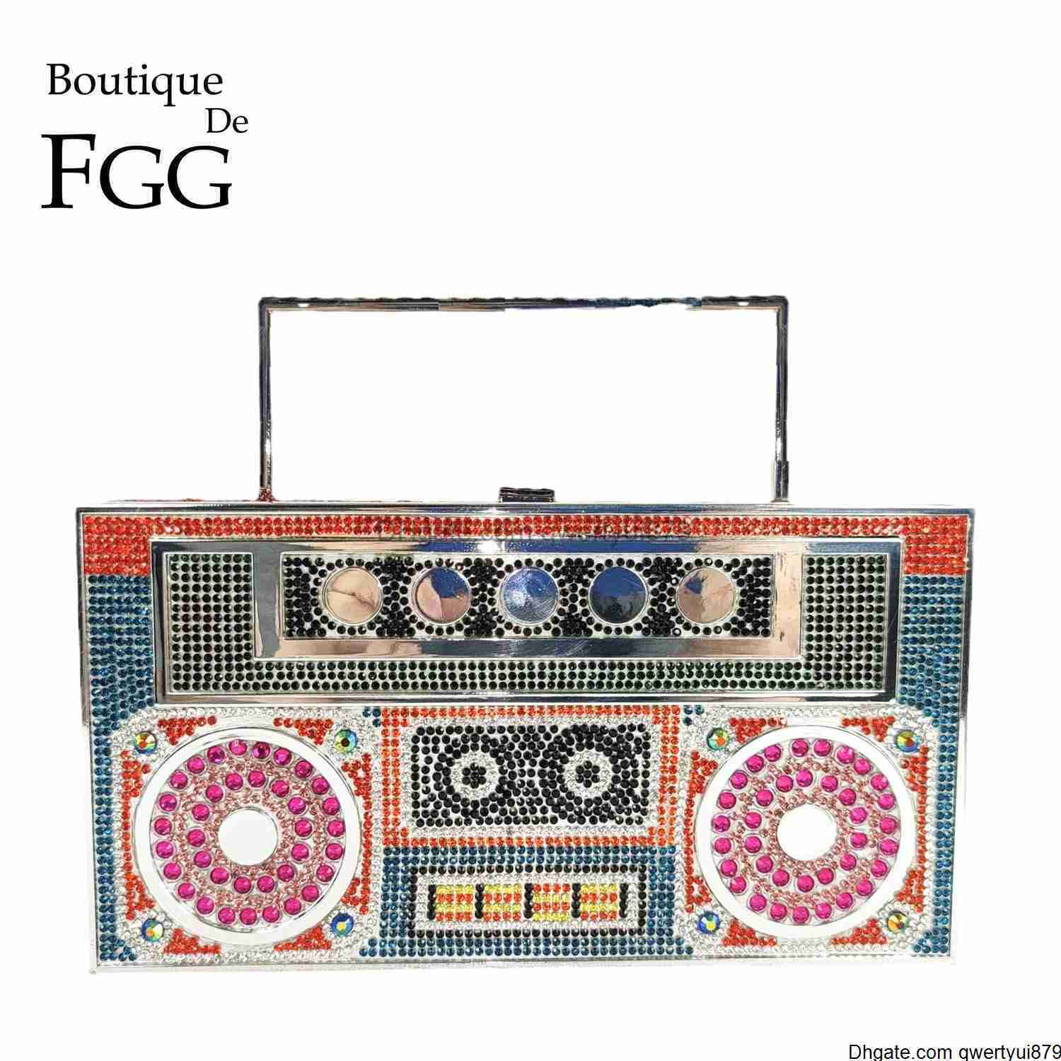 

qwertyui879 Boutique De FGG Novelty Boombox Radio Shape Women Rhinestone Totes Bags Metal Clutches Chain Shoulder Handbags Crossbody Bag 413SMT, Multi