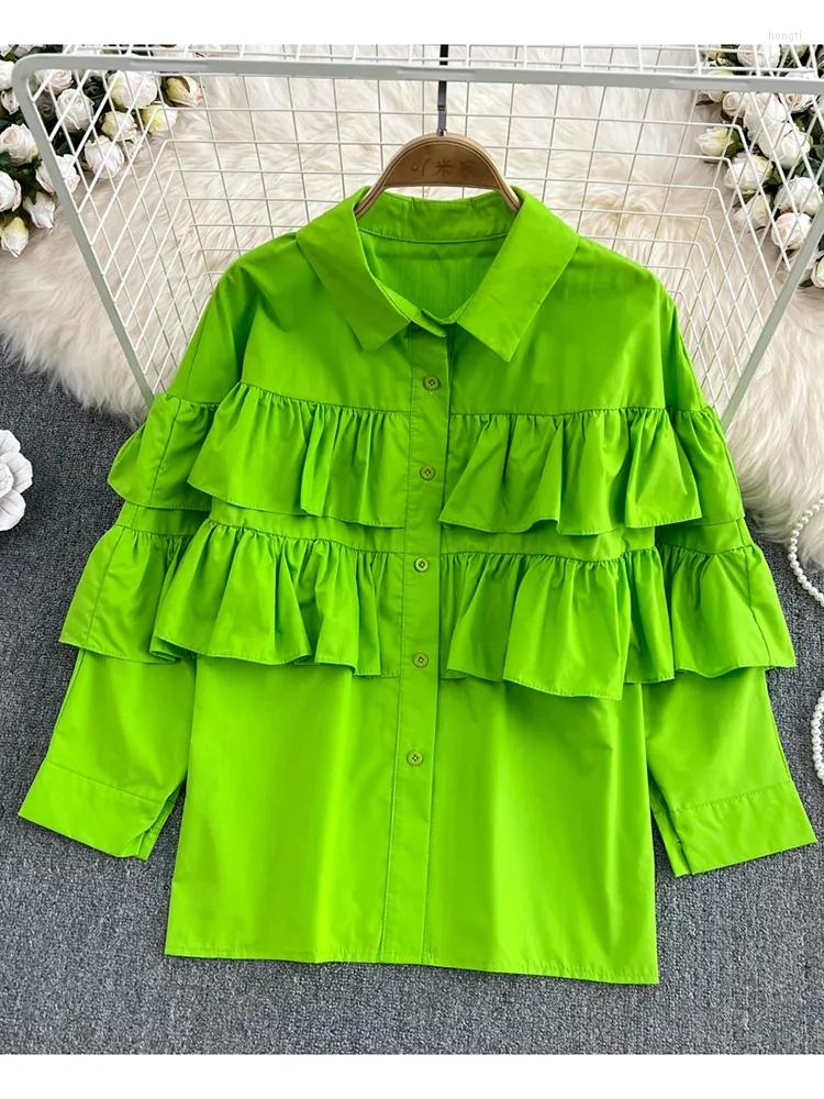 

Women's Blouses Women Blouse Top Autumn Shirt Temperament Leisure Time Loose Thin Ruffled Long-sleeved Korean Casual, Green