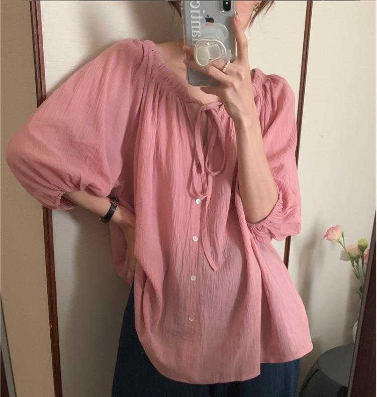 

Korean Ruffle Cotton Shirt: Loose Fit, Lace Details, 3/4 Sleeves - Perfect for Summer Sun, Ginger