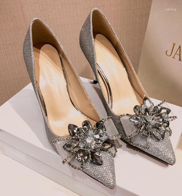 

Dress Shoes Carpaton Fashion Woman Wedding Heels Bling Crystal Embellished Pointed Toe Rhinestones Flower Pumps, 8cm as pictures