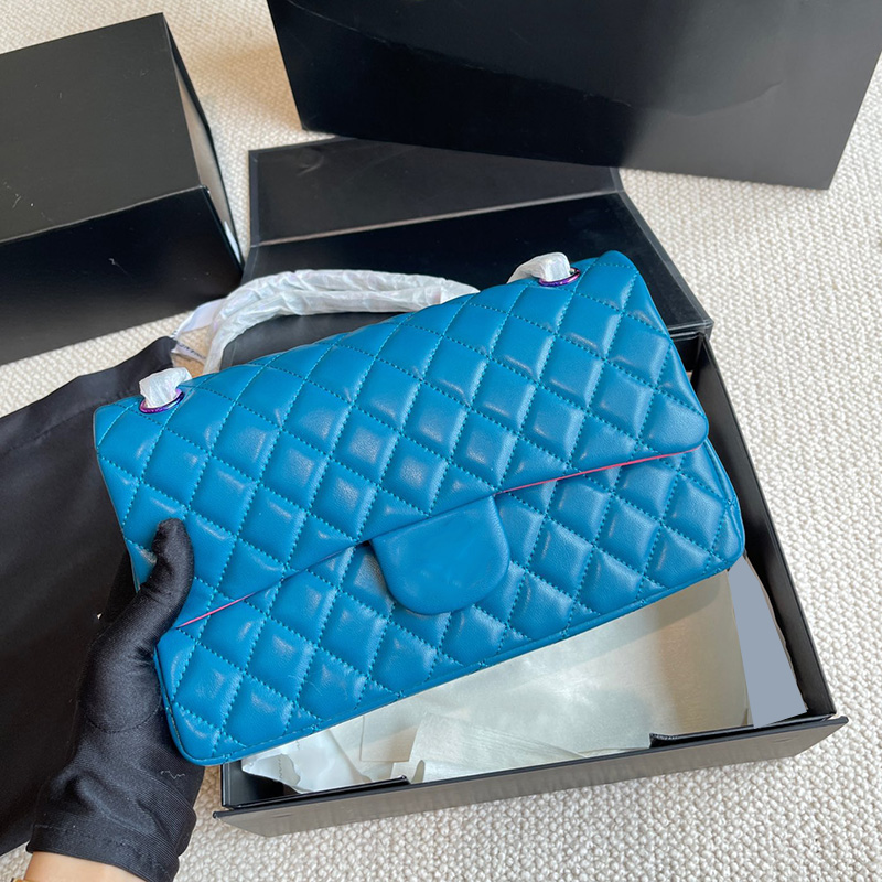 

Womens Dazzling Colors Metal Hardware Bags Illusory Colored Turn Lock Lambskin Purse Classic Double Flap Matelasse Chain Crossbody Shoulder Designer Handbag 25cm, Box