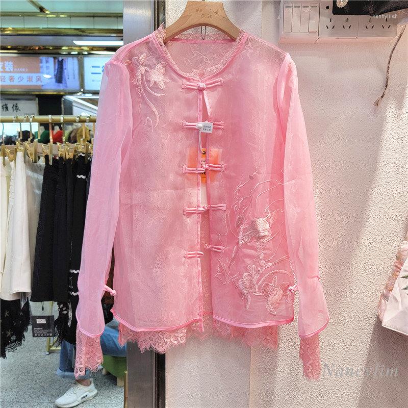 

Women's Jackets Pink Lace Shirt Women 2023 Summer Thin Coat Chinese Knot Button Mesh Fake Two-Piece Sun Protection Top Long Sleeve