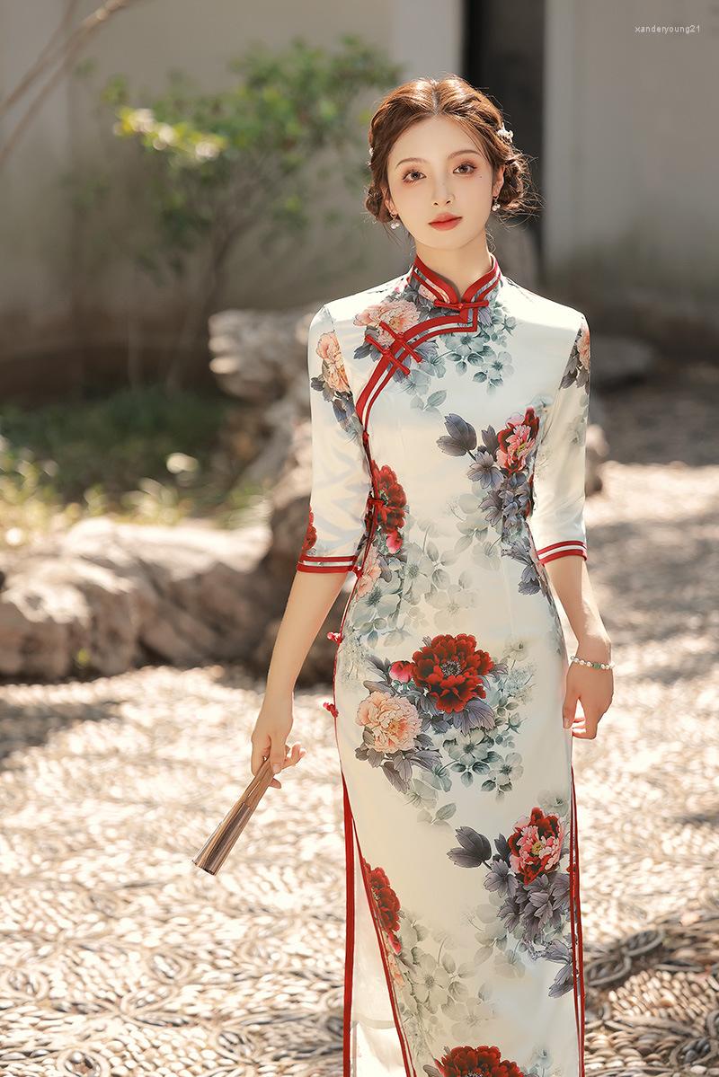 

Ethnic Clothing Spring And Summer 2023 Cheongsam Long Double-Layer Qipao China Dress Tang Suit Hanfu Half-sleeved Formal For Women