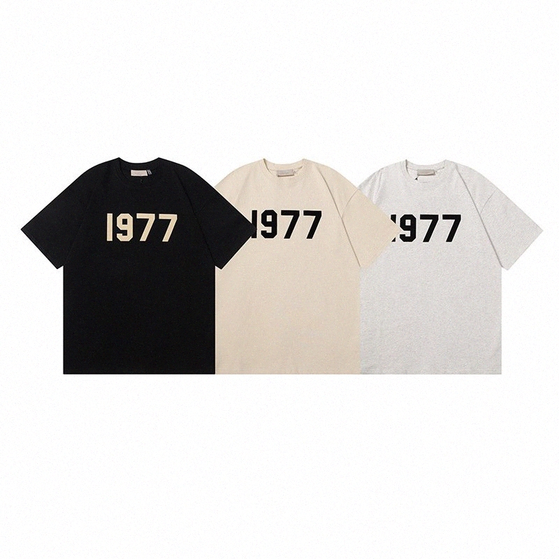 

2022 Summer New 1977 Flocking Letter Double Yarn Fabric Large Size Loose European and American High Street Fashion Brand Short Sleeve T-Shirt N66p#, Black