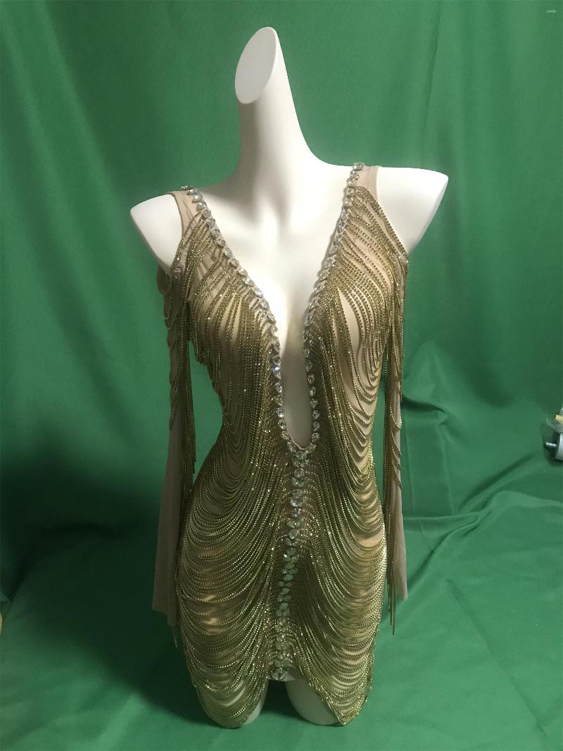 

Stage Wear Sparkly Gold Rhinestone V Neck Women Birthday Dress Chain Costume Nightclub Performance Valentine Day Drag Queen Outfit