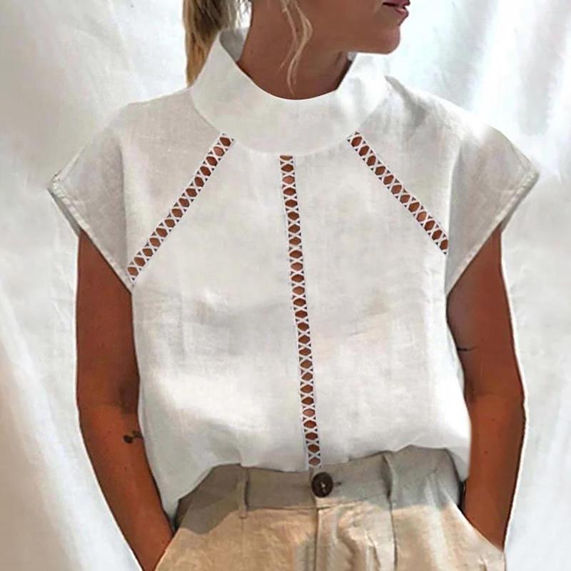 

Women's Blouses Women'S Solid Color Summer Cut Out Pullover Lace Slim Sleeveless Short Sleeve Collar Shirt Top Vest Lapel Chemise OL, White