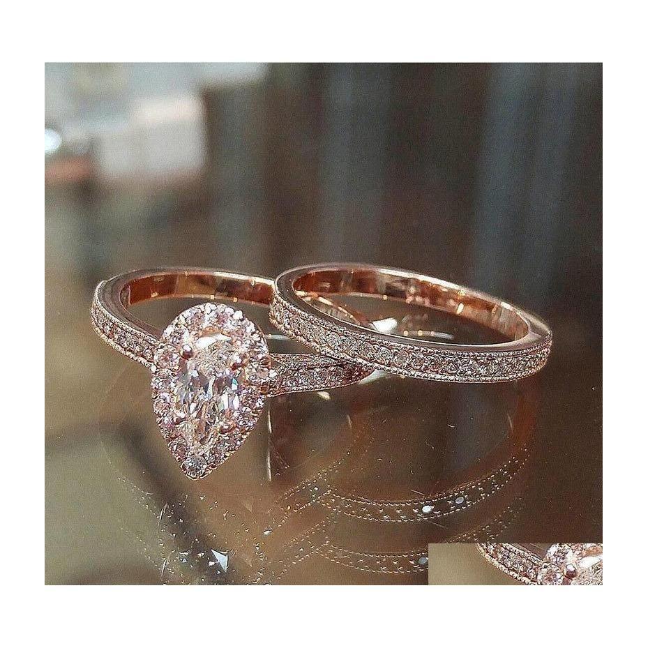 

Band Rings Fashion Rose Gold Plated Design 2Pcs Cz Women Engagement Wedding Ring Set Drop Delivery Jewelry Dhdzs Dhdjc