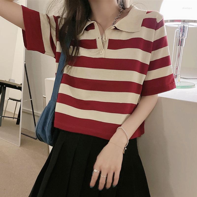 

Women's T Shirts Women T-Shirt Summer Short Sleeve Classic Red Strip Vintage Top Polo Neck Japan Cute Button Soft Fashion Comfortable Unique