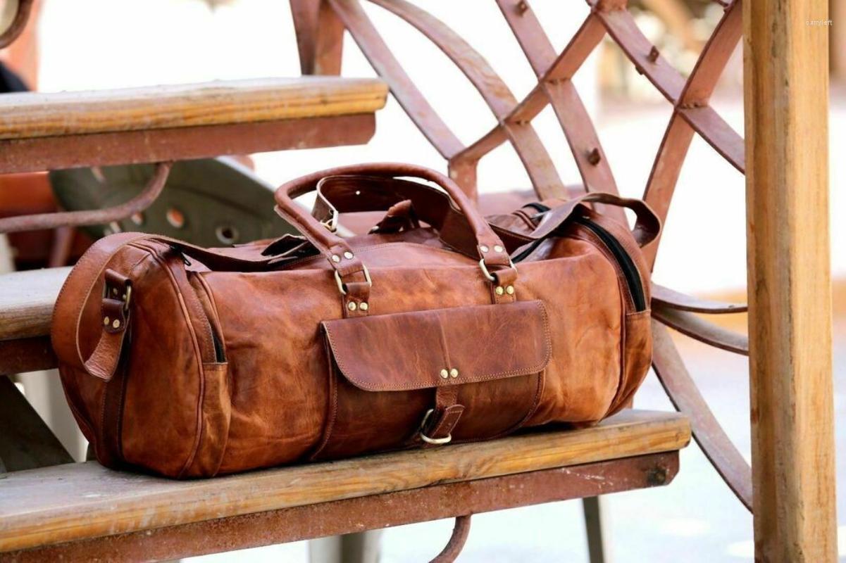 

Duffel Bags Leather Men Travel Luggage Gym Bag Brown Genuine