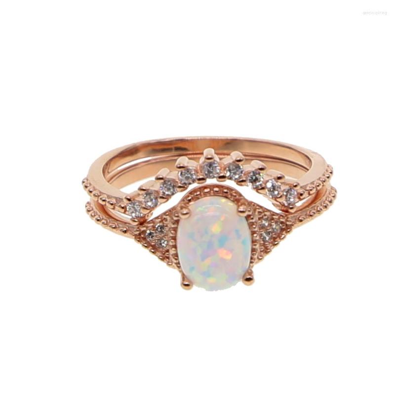 

Cluster Rings Rose Gold Color Creative 2PCS/Set Stackable Two-piece Set Opal Cz Trendy Jewelry Women Engagement 925 Silver