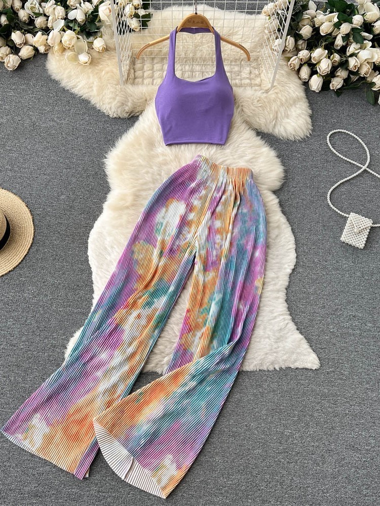 

Women's Two Piece Pants Fashion Women Summer Sexy Set Halter Tank Tops Wide-leg Long uit Female Slim Vacation Sets 230414, Apricot