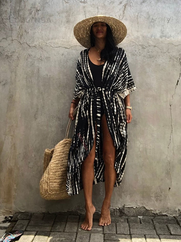 

Women's Swimwear Bikini Cover-ups Black Retro Striped Self Belted Women Summer Clothing Kimono Dress Beach Wear Swim Suit Cover Up Q1225 230414, Q1225-16